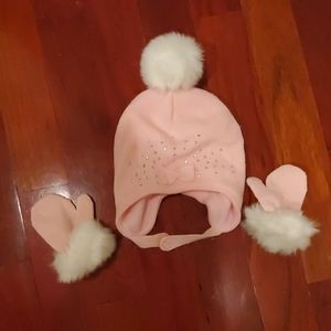 Pink baby girl hat and glove set